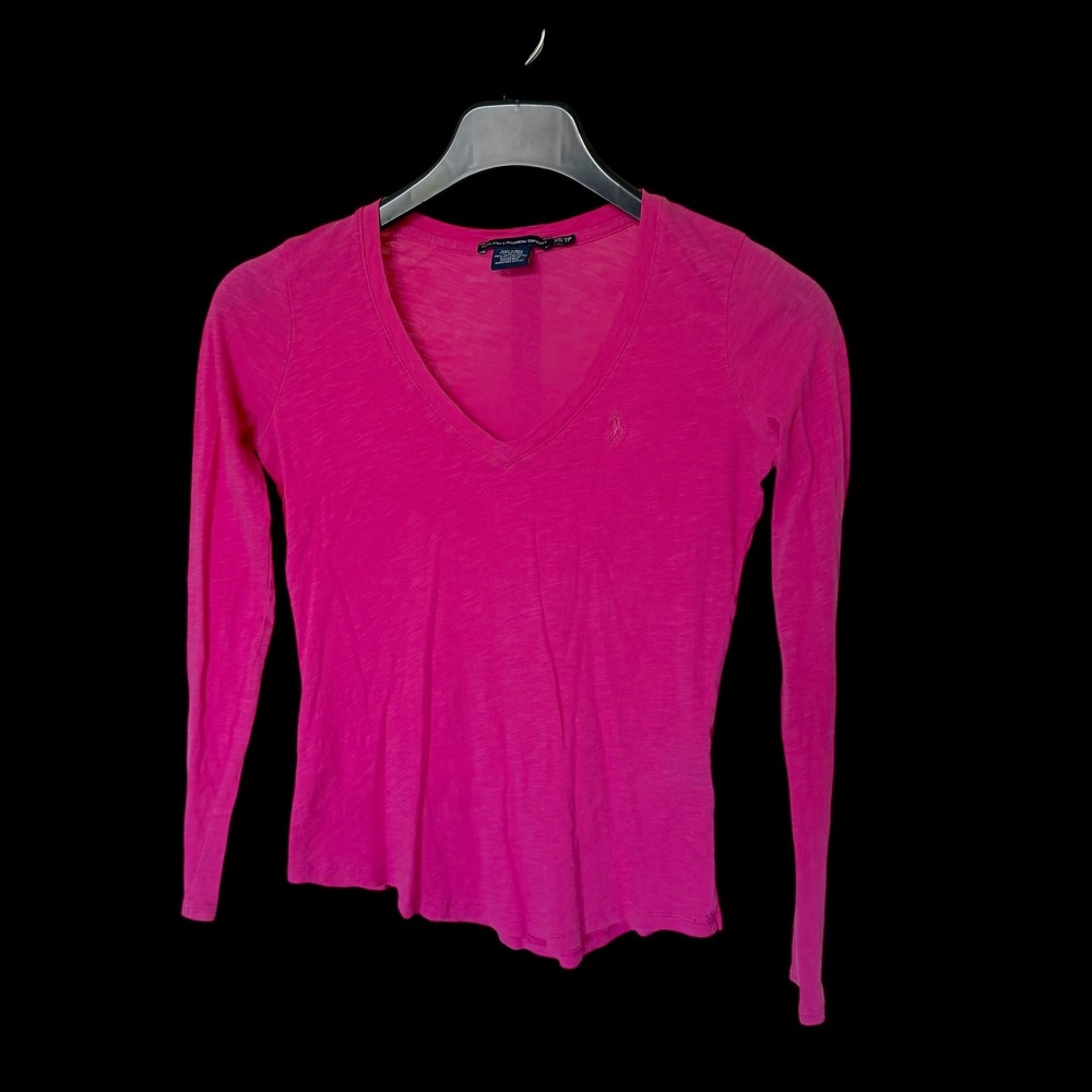Ralph Lauren Sport Pink V-Neck Long Sleeve Cotton Slub T-Shirt XS TP